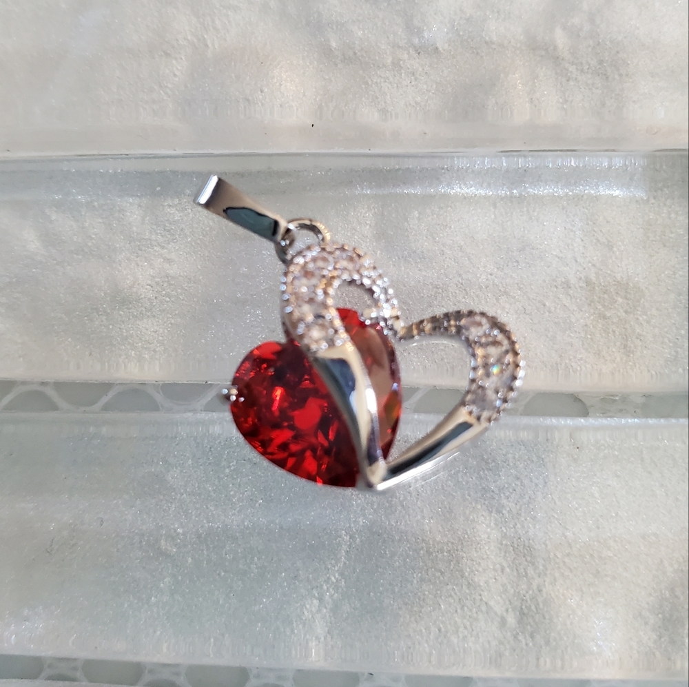 Silver Heart & Garnet Heart Pendant Necklace Charm